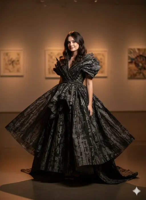 { "render_goal": "Art-couture cinematic portrait", "subject": { "pose": "female...