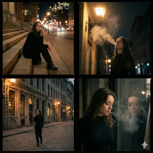 A cinematic 4-panel photo collage showing a quiet, introspective city walk with...