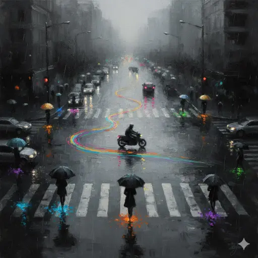 A high-angle, wide-composition Impressionist oil painting of a rainy urban inter...
