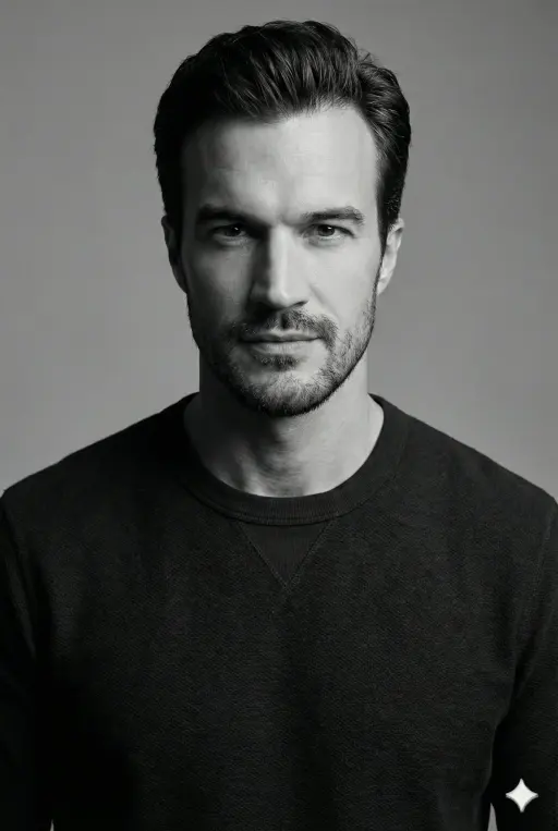 { "style": "monochrome studio portrait", "subject": { "identity": "same man as r...