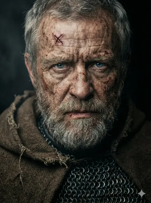 A hyper-realistic, cinematic close-up portrait of a battle-hardened, elderly med...