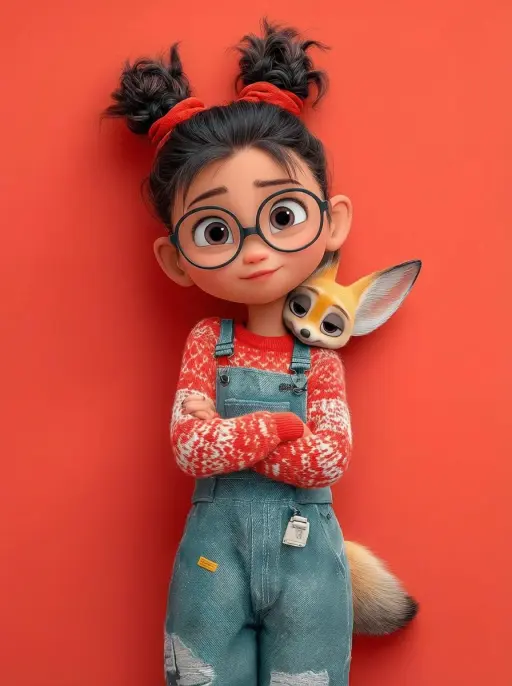 A cute 3D Pixar-style character portrait of a little girl with big expressive ey...