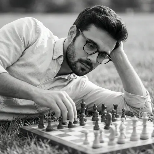 { "scene_overview": { "description": "A monochrome, contemplative portrait of a...
