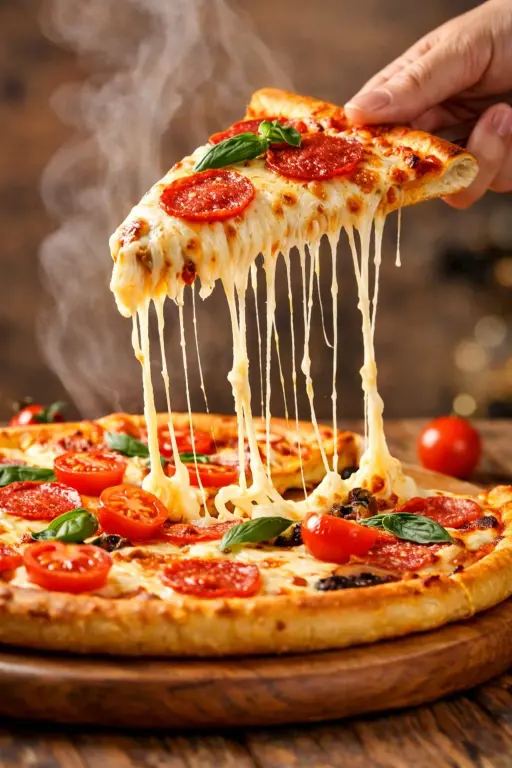 A hyper-realistic, cinematic close-up of a freshly baked pepperoni pizza slice b...