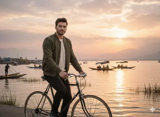 A realistic cinematic photograph of a handsome man riding a bicycle along the ed...