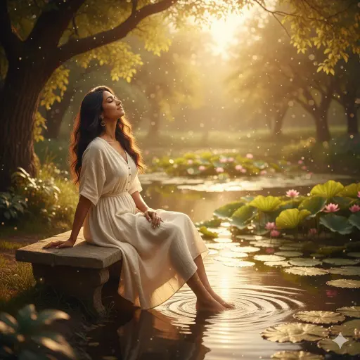 unfolds beside a tranquil pond, where gentle ripples catch the warm, golden sunl...