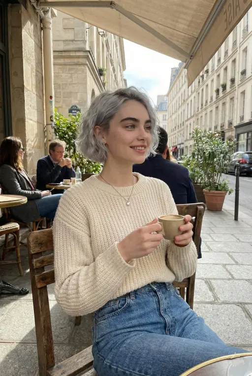 A candid lifestyle portrait of a young woman sitting at an outdoor Parisian café...