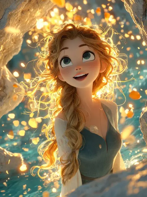 A dreamy, cinematic 3D animated girl with big expressive eyes and soft freckles,...