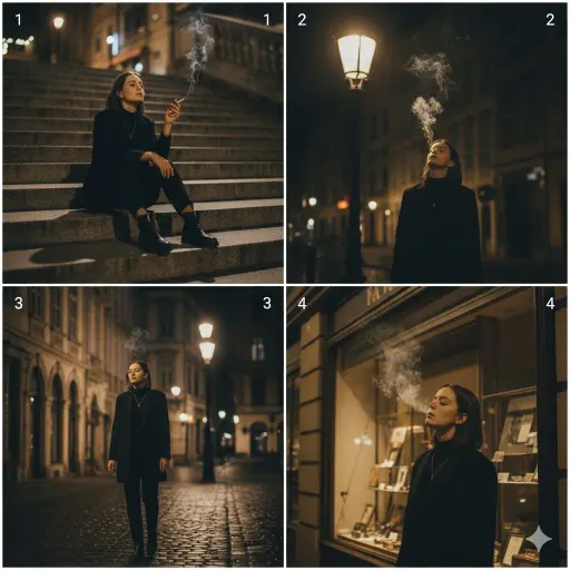 Un collage fotografico cinematico a 4 pannelli che mostra una passeggiata tranqu...