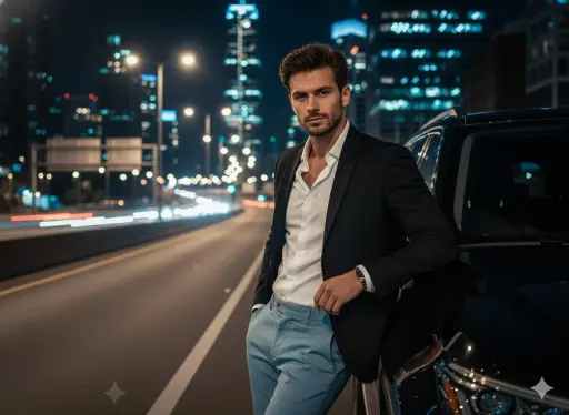Un ritratto urbano notturno cinematografico di un uomo sicuro di sé e affascinan...