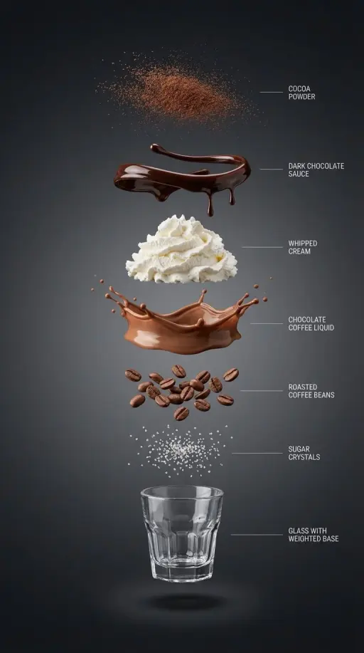 { "subject": "Esplosione verticale iperrealistica di una bevanda al cioccolato e...