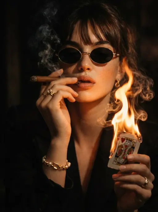 Un ritratto cinematografico e malinconico di una donna elegante in abito scuro e...