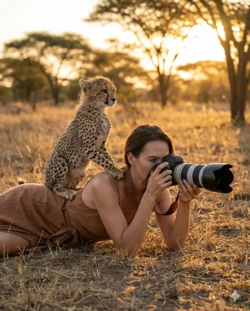 Ultra-realistica scena di wildlife photography: un'elegana donna in un minimale...
