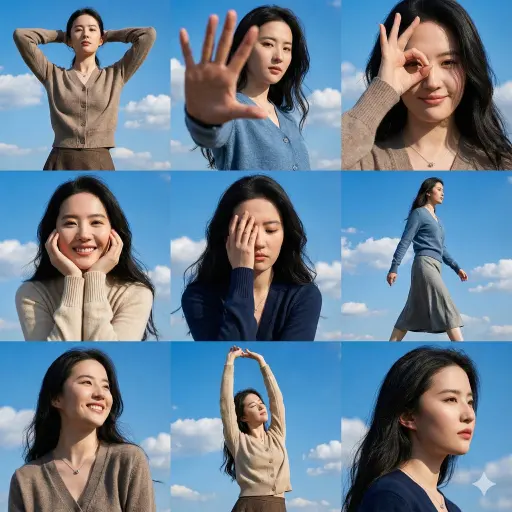Una griglia fotografica 3x3 ad alta risoluzione con nove pose dinamiche diverse,...