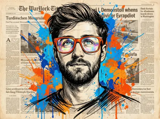 { "items": [ { "prompt": "Ritratto espressivo vibrante di un uomo che guarda ver...