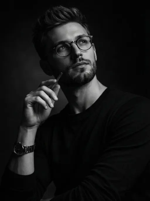 Un drammatico ritratto in bianco e nero in studio di un uomo pensieroso con cape...
