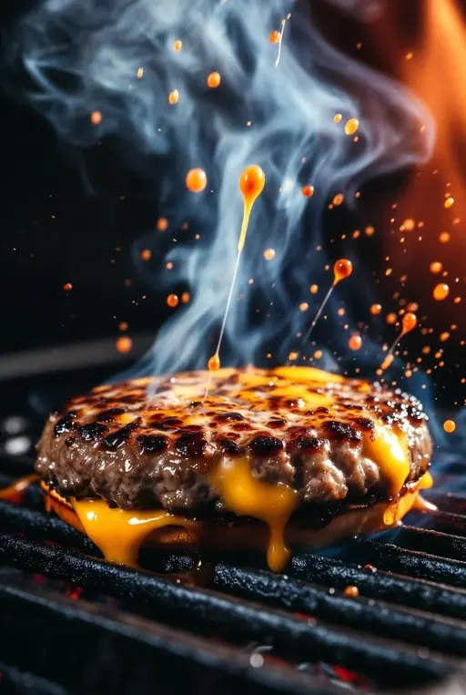 Una macro in stile cinematografico iperrealistico di un gourmet cheeseburger sfr...