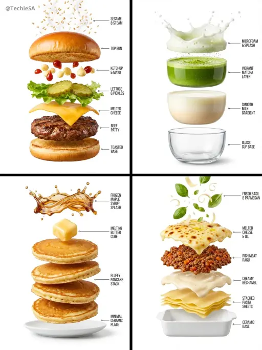 Erstellen Sie eine hyperrealistische, explodierte vertikale Infografik-Kompositi...