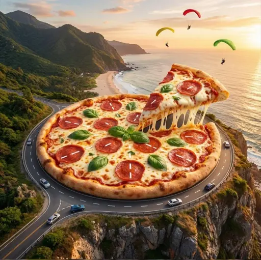 { "Objective": "Create a surreal, hyper-detailed fantasy world where pizza becom...