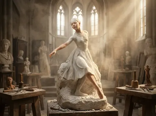 A half-finished marble sculpture in a dusty Renaissance workshop, with the [SUBJ...
