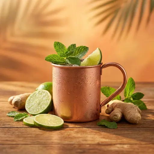 Ein hochwertiges Studiofoto eines [YOUR COCKTAIL], aufgenommen aus einem hohen W...