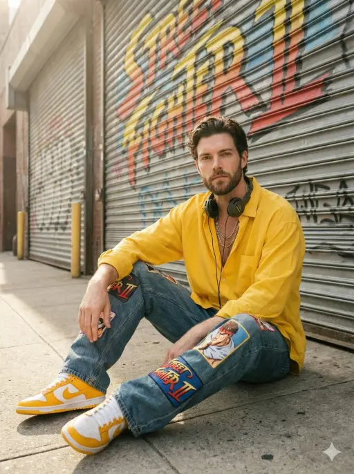 Sonnenbeleuchtetes urbanes Streetwear-Porträt eines stilvollen jungen Mannes, de...