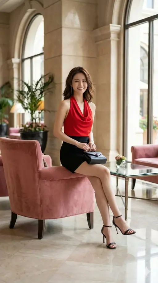 Generate a photorealistic medium full-body shot of a young woman sitting on the...