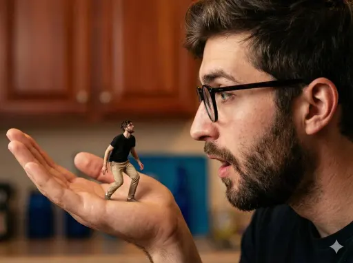 Ein hyperrealistisches, surreales Compositing-Bild mit erzwungener Perspektive,...