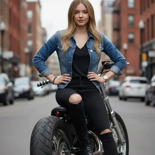 Ein Ganzkörper-Porträt einer Frau im Biker-Chic-Stil, die seitlich auf einem maß...