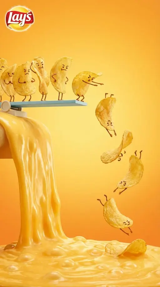 Vertical snack advertising visual with playful anthropomorphic tone. At the top,...