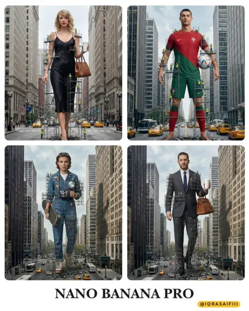 { "description": "A colossal woman standing in a city street, appearing to be 'u...