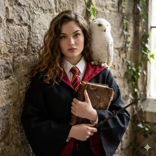 USE UPLOADED PHOTO AS REFERENCE. HOGWARTS-STYLE PHOTOSHOOT. THE GIRL IS POSING,...
