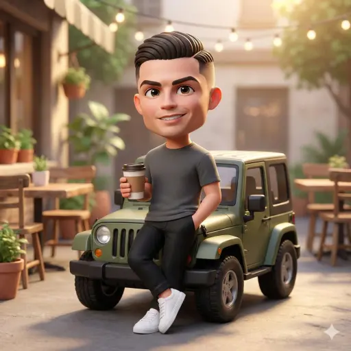 A cute 3D chibi-style character leaning against a parked mini chibi Jeep, wearin...