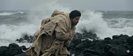 Wide shot, subject acts as an anchor against a raging wind. Standing on a jagged...