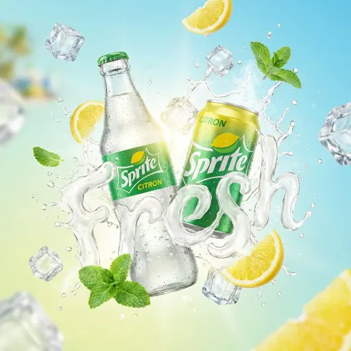 A vibrant, high-end advertising visual of a [PRODUCT NAME] can/bottle floating d...