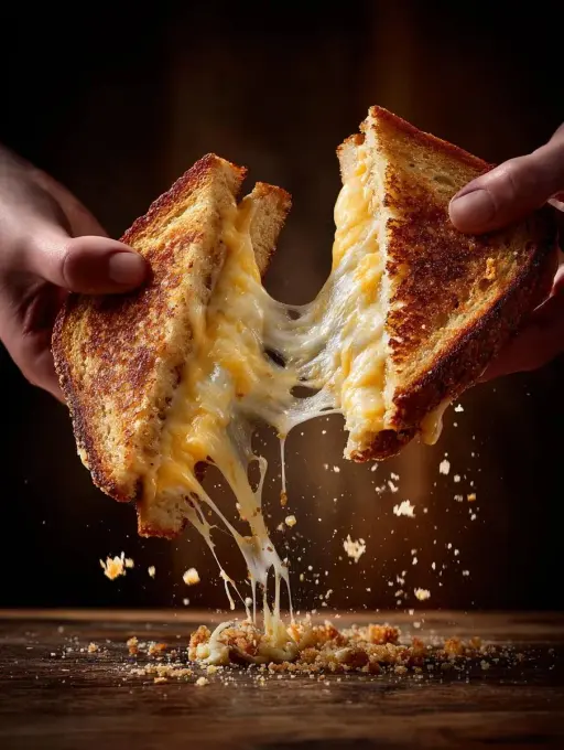 two hands pulling apart a grilled cheese sandwich, strands of melted cheddar str...