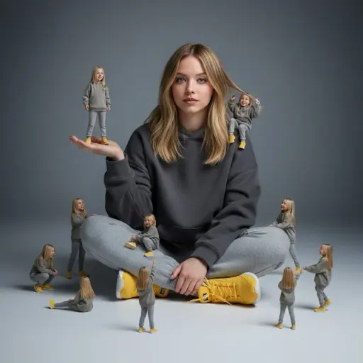 A creative surreal image of a woman sitting on the ground, wearing a dark yellow...