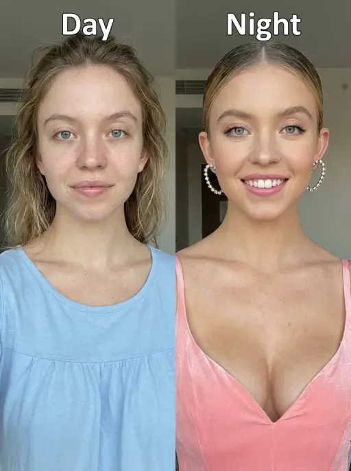 Before-and-after upper-body portrait photo of Sydney Sweeney, smiling in both im...