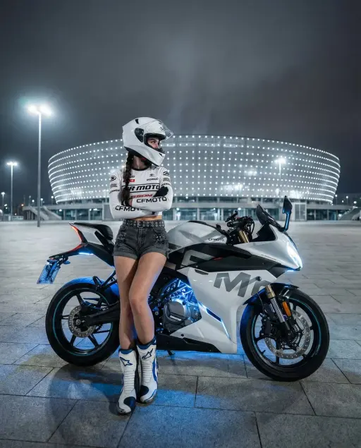 { "subject_details": { "demographics": "Female motorcyclist.", "hair": "Dark hai...