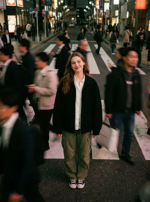 Cinematic street photography capturing a moment in motion with a crowd blur effe...