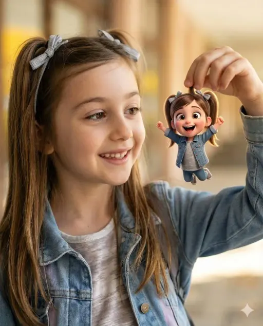 { "Objective": "Create a heartwarming, whimsical portrait blending photorealisti...