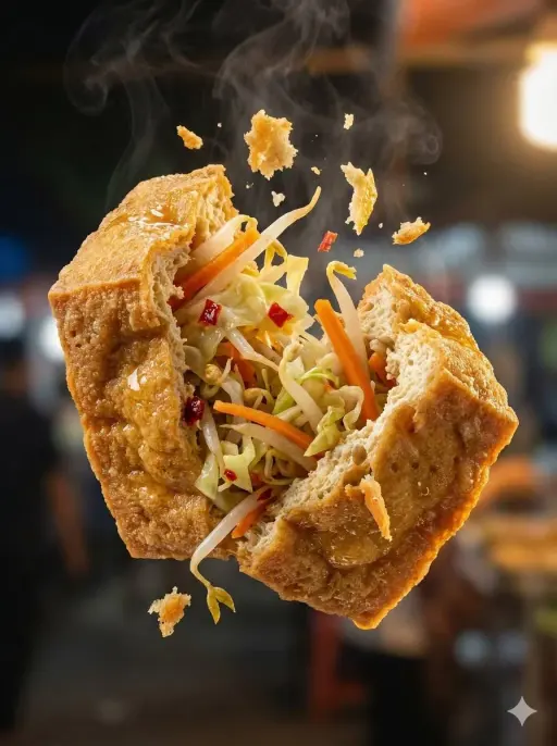 Macro food photography of a crispy martabak telur tearing open mid-air, thin gol...