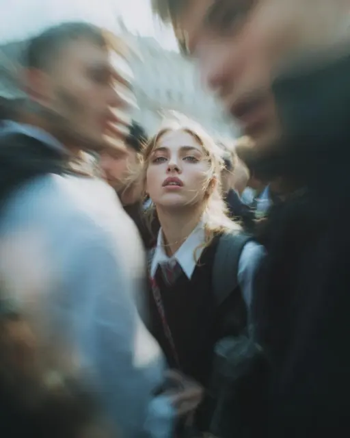 Paparazzi-style extreme close-up photo of a woman with striking facial features,...