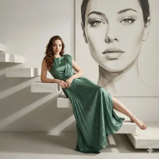 A high-fashion editorial portrait of a woman reclining elegantly on floating whi...
