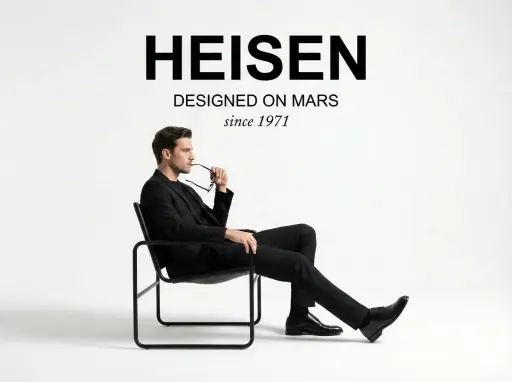 A minimalist studio photograph fashion ad. At the top center, the bold sans-seri...