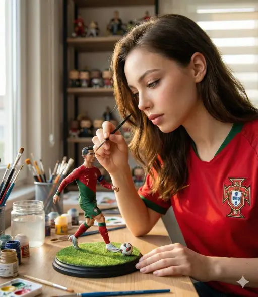 A hyper-realistic cinematic scene of a woman carefully painting a miniature foot...