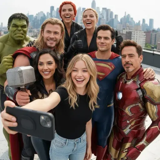A ultra realistic group selfie, center is the person from the attached image, we...