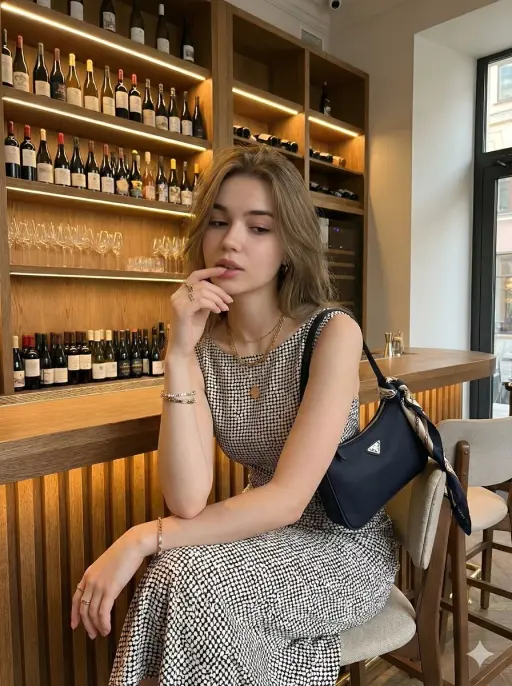 Young beautiful woman with long wavy hair, elegant sleeveless polka dot midi dre...