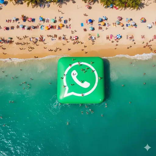 { "prompt": "massive giant inflatable WhatsApp logo floating in the ocean near t...