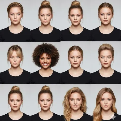 A 3×3 grid collage featuring the same female model, each square showing a differ...